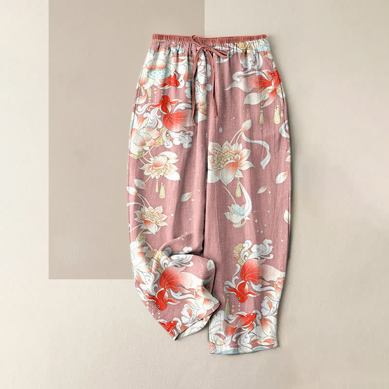 Nimara Ritual Pure Cotton Lotus Red Koi Fish Pattern Women's Elastic Waist Pants With Pockets