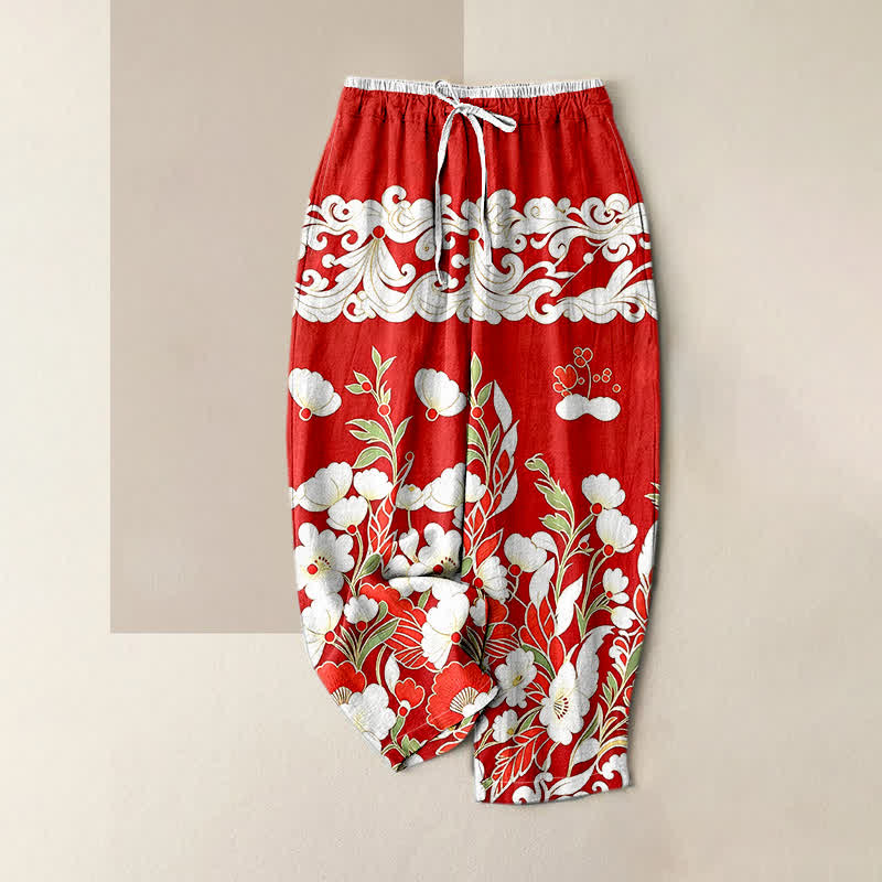 Nimara Ritual Pure Cotton Bohemian Floral Cloud Pattern Women's Elastic Waist Pants With Pockets