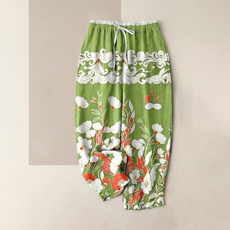 Nimara Ritual Pure Cotton Bohemian Floral Cloud Pattern Women's Elastic Waist Pants With Pockets