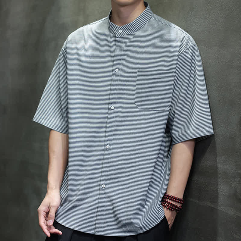 Nimara Ritual Summer Casual Mandarin Collar Pinstripe Pattern Button Up Men's Short Sleeve Shirts