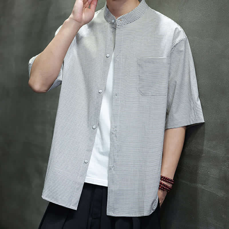 Nimara Ritual Summer Casual Mandarin Collar Pinstripe Pattern Button Up Men's Short Sleeve Shirts