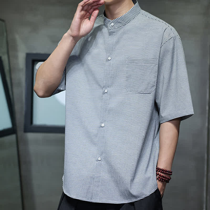 Nimara Ritual Summer Casual Mandarin Collar Pinstripe Pattern Button Up Men's Short Sleeve Shirts