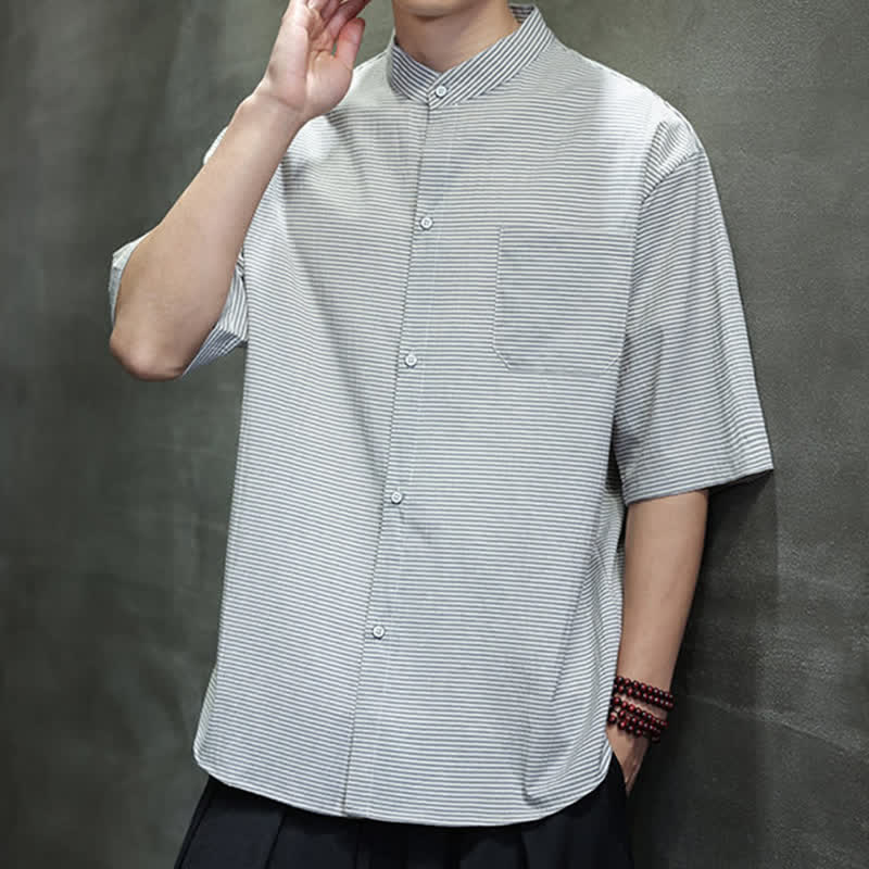 Nimara Ritual Summer Casual Mandarin Collar Pinstripe Pattern Button Up Men's Short Sleeve Shirts