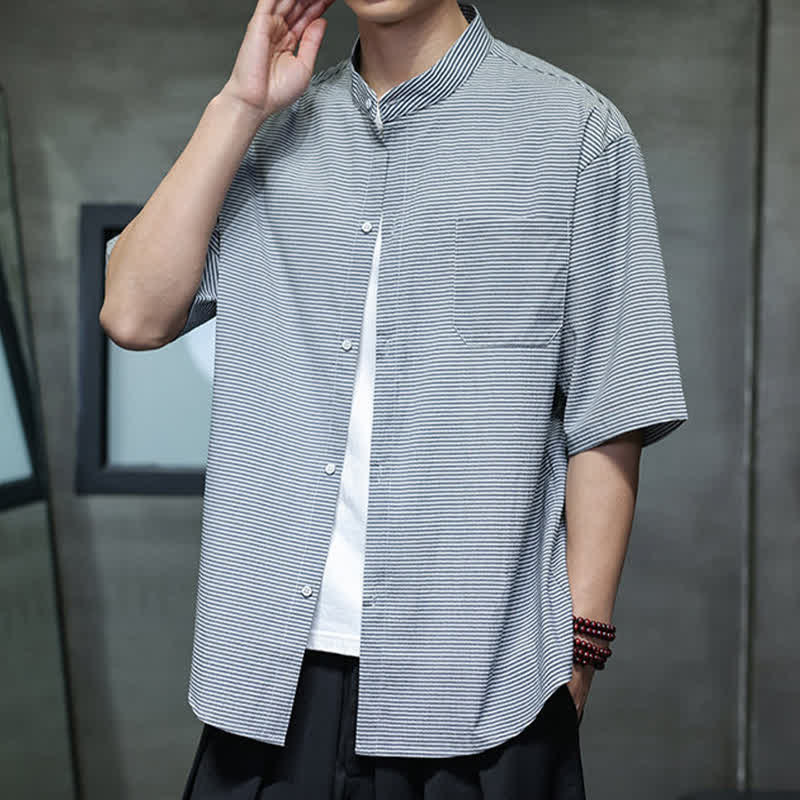 Nimara Ritual Summer Casual Mandarin Collar Pinstripe Pattern Button Up Men's Short Sleeve Shirts