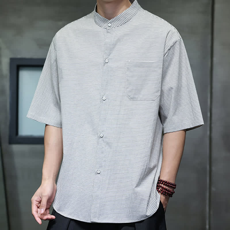 Nimara Ritual Summer Casual Mandarin Collar Pinstripe Pattern Button Up Men's Short Sleeve Shirts
