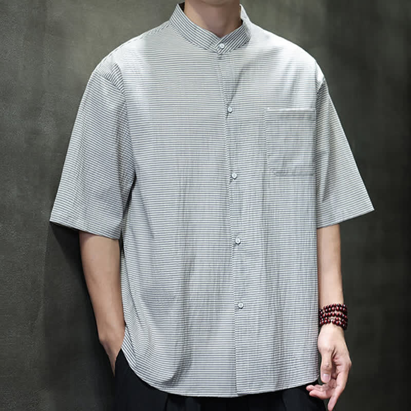Nimara Ritual Summer Casual Mandarin Collar Pinstripe Pattern Button Up Men's Short Sleeve Shirts