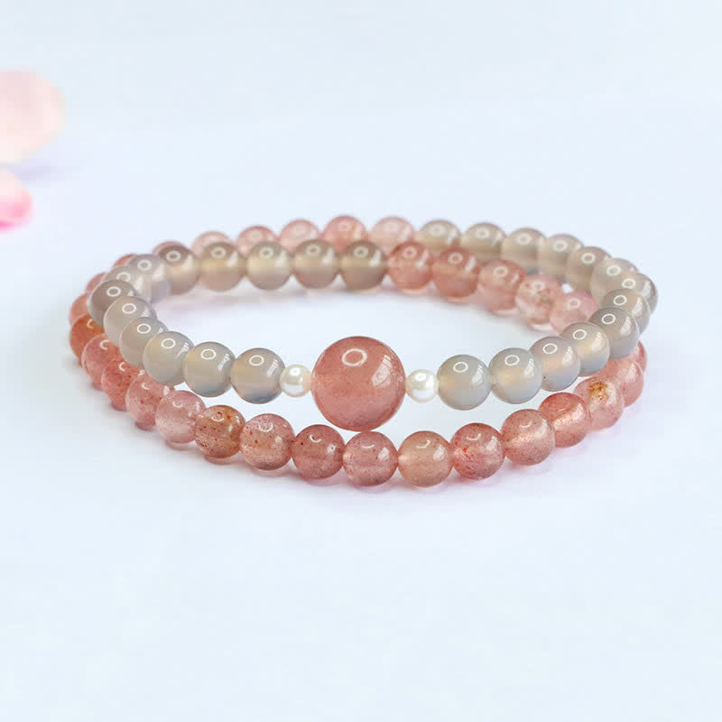 Nimara Ritual Strawberry Quartz Gray Agate Double Wrap Positive Bracelet