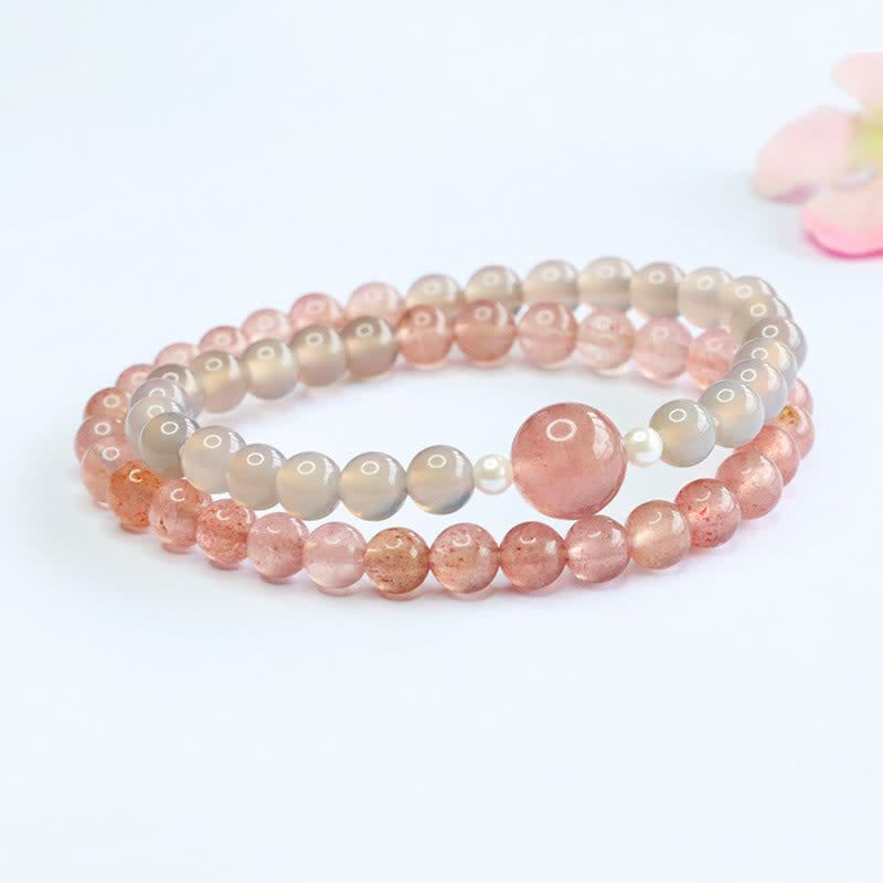 Nimara Ritual Strawberry Quartz Gray Agate Double Wrap Positive Bracelet