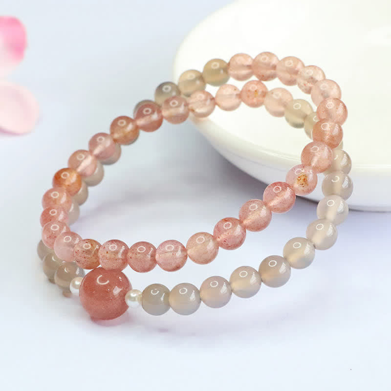 Nimara Ritual Strawberry Quartz Gray Agate Double Wrap Positive Bracelet