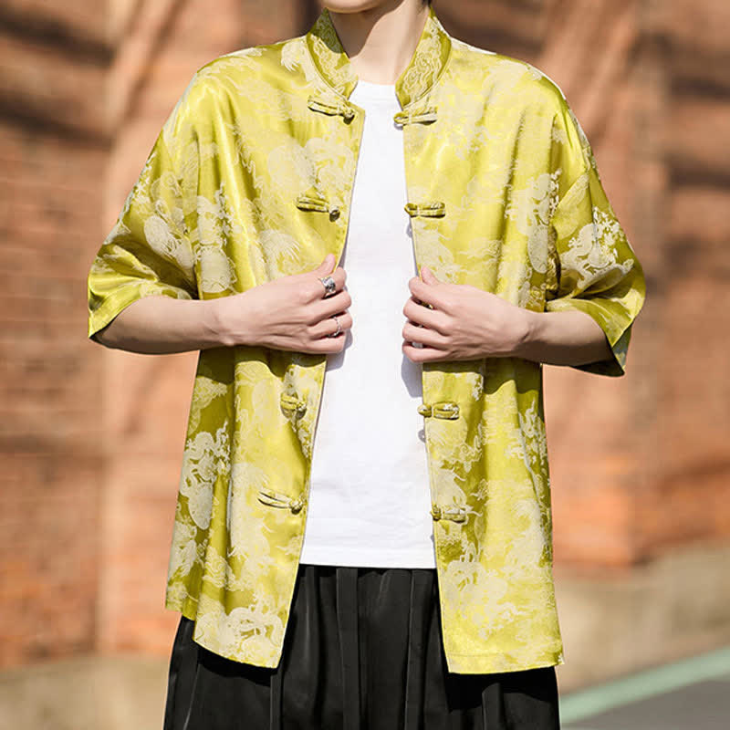 Nimara Ritual Summer Tang Style Frog Button Animal Patterns Men's Short Sleeve Shirts