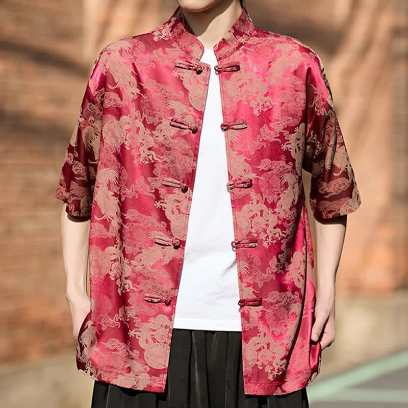 Nimara Ritual Summer Tang Style Frog Button Animal Patterns Men's Short Sleeve Shirts