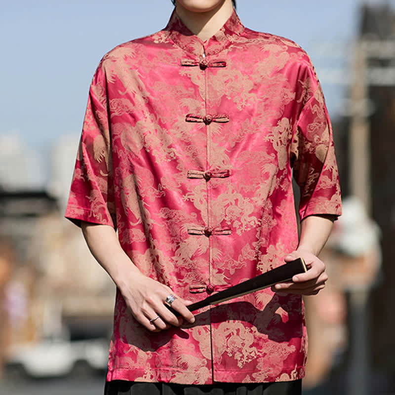 Nimara Ritual Summer Tang Style Frog Button Animal Patterns Men's Short Sleeve Shirts