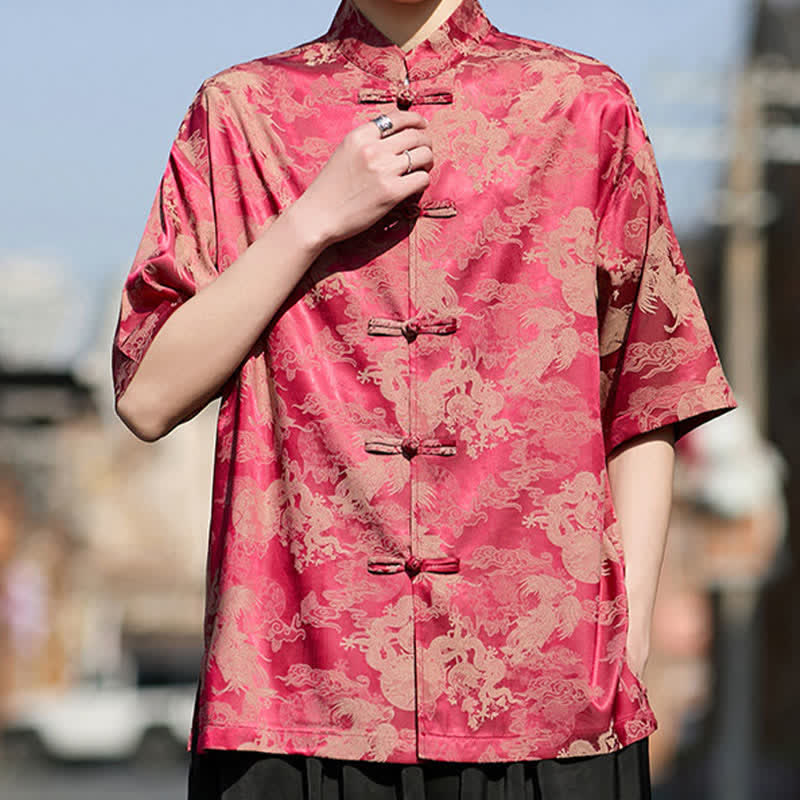 Nimara Ritual Summer Tang Style Frog Button Animal Patterns Men's Short Sleeve Shirts
