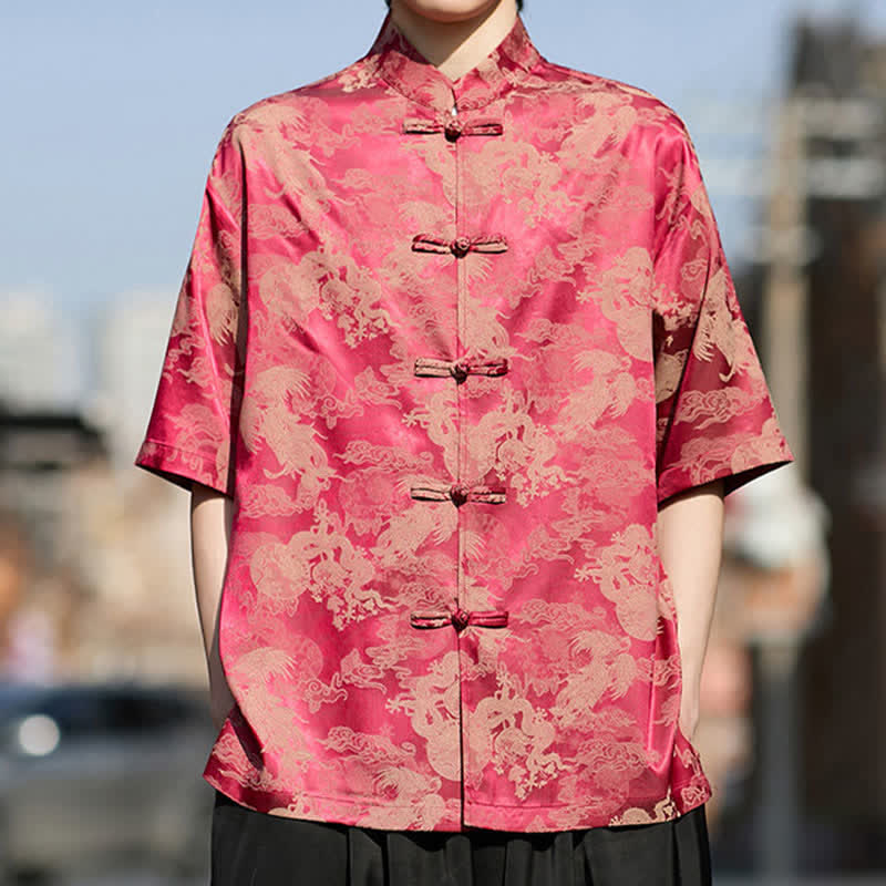 Nimara Ritual Summer Tang Style Frog Button Animal Patterns Men's Short Sleeve Shirts