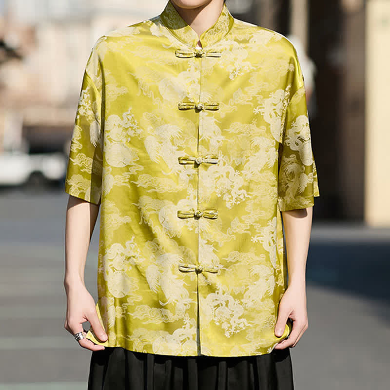 Nimara Ritual Summer Tang Style Frog Button Animal Patterns Men's Short Sleeve Shirts