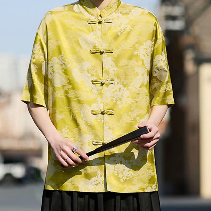 Nimara Ritual Summer Tang Style Frog Button Animal Patterns Men's Short Sleeve Shirts