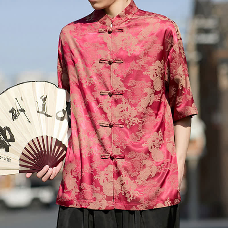 Nimara Ritual Summer Tang Style Frog Button Animal Patterns Men's Short Sleeve Shirts