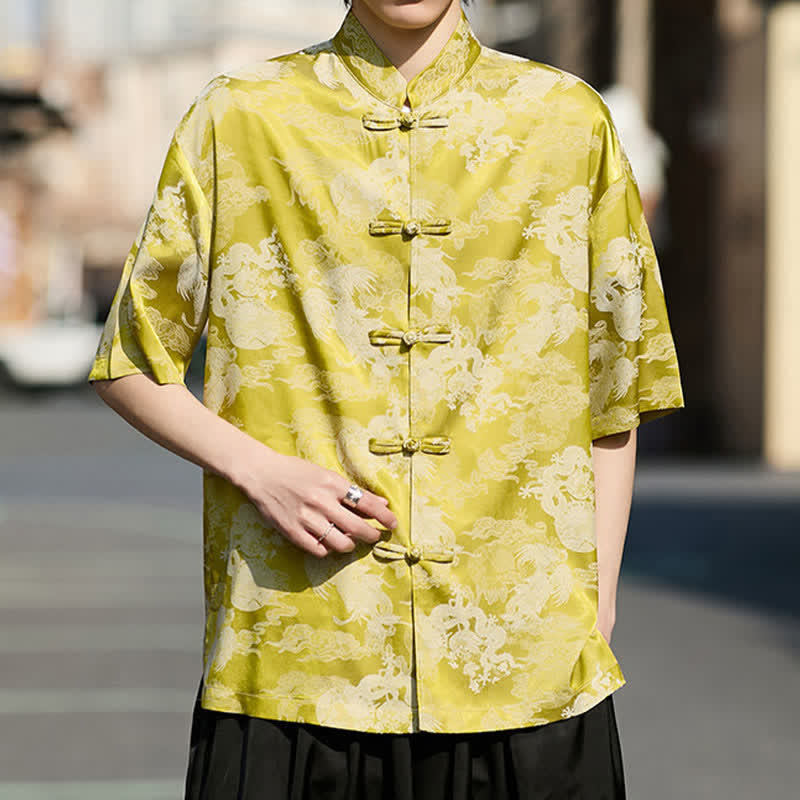 Nimara Ritual Summer Tang Style Frog Button Animal Patterns Men's Short Sleeve Shirts