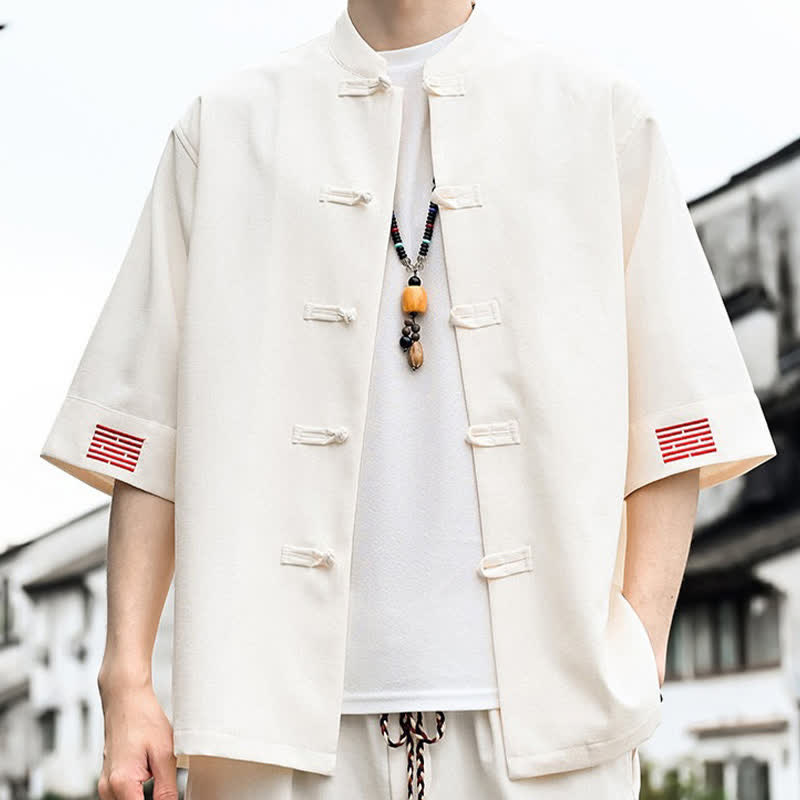 Nimara Ritual Summer Tang Style Frog Button Solid Men's Short Sleeve Shirts