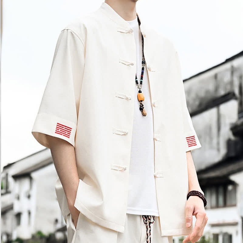 Nimara Ritual Summer Tang Style Frog Button Solid Men's Short Sleeve Shirts