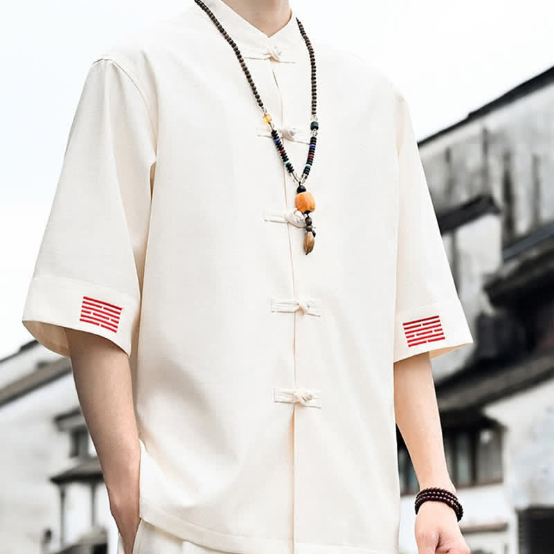 Nimara Ritual Summer Tang Style Frog Button Solid Men's Short Sleeve Shirts