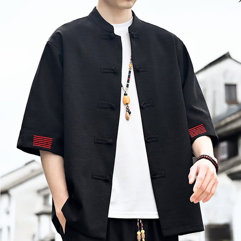 Nimara Ritual Summer Tang Style Frog Button Solid Men's Short Sleeve Shirts
