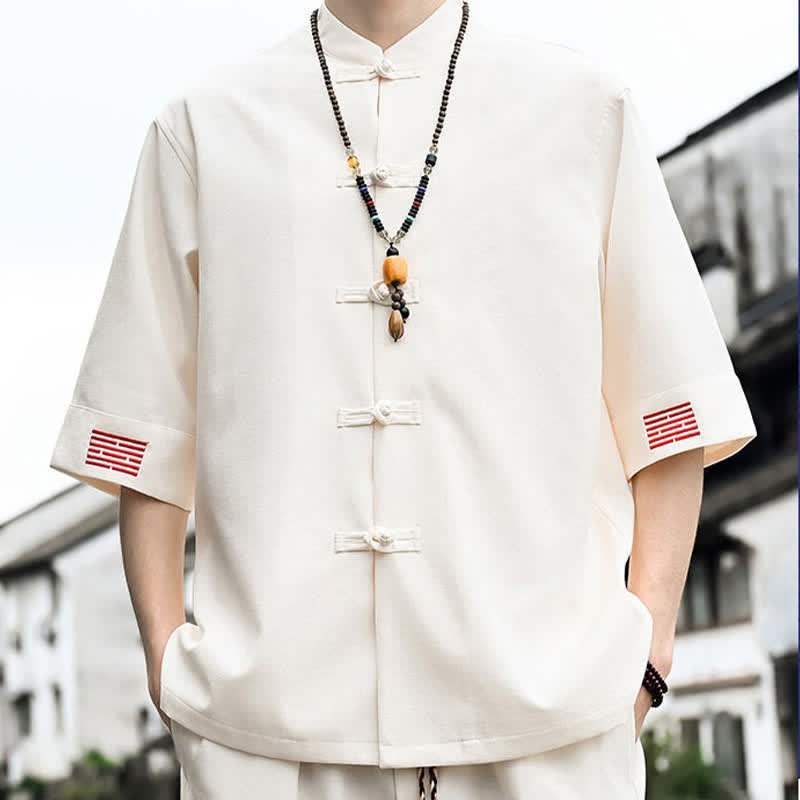 Nimara Ritual Summer Tang Style Frog Button Solid Men's Short Sleeve Shirts