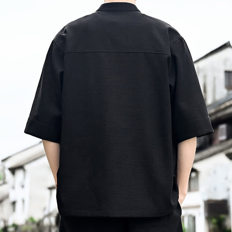 Nimara Ritual Summer Tang Style Frog Button Solid Men's Short Sleeve Shirts