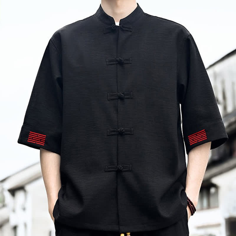Nimara Ritual Summer Tang Style Frog Button Solid Men's Short Sleeve Shirts