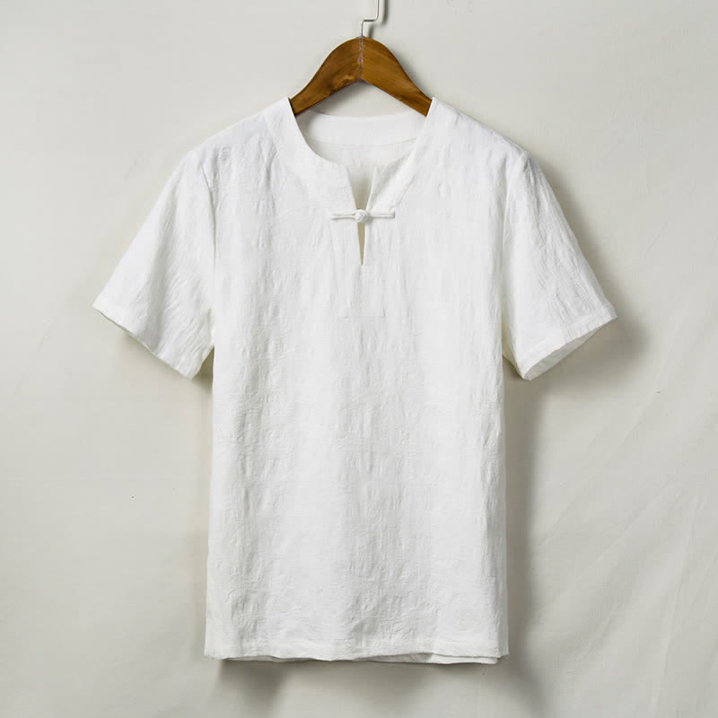 Nimara Ritual Summer Tang Style One Frog Button Solid Leaf Texture Men's Short Sleeve Shirts