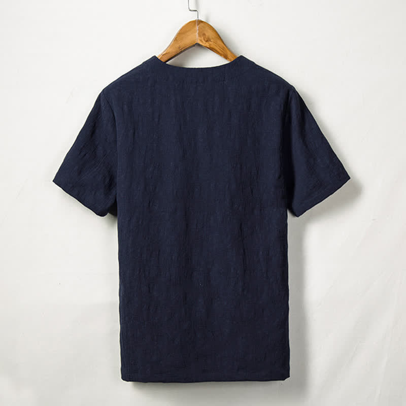 Nimara Ritual Summer Tang Style One Frog Button Solid Leaf Texture Men's Short Sleeve Shirts