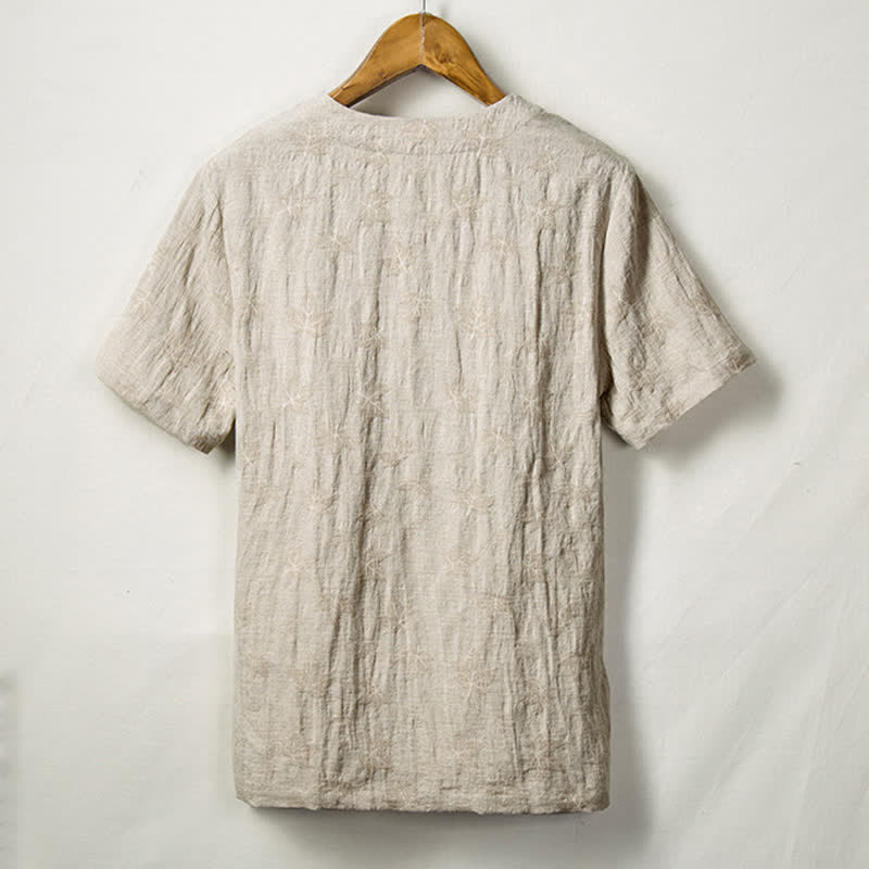 Nimara Ritual Summer Tang Style One Frog Button Solid Leaf Texture Men's Short Sleeve Shirts