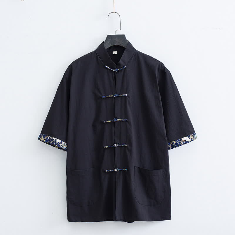 Nimara Ritual Summer Tang Style Mandarin Collar Frog Button Solid Men's Short Sleeve Shirt With Pockets