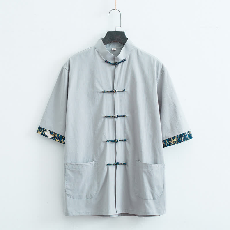 Nimara Ritual Summer Tang Style Mandarin Collar Frog Button Solid Men's Short Sleeve Shirt With Pockets