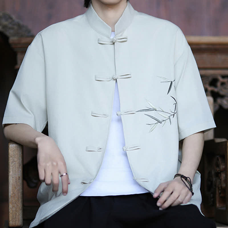 Nimara Ritual Summer Tang Style Mandarin Collar Frog Button Bamboo Embroidery Men's Short Sleeve Shirts