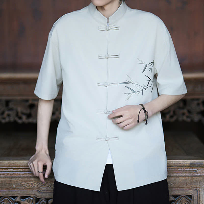 Nimara Ritual Summer Tang Style Mandarin Collar Frog Button Bamboo Embroidery Men's Short Sleeve Shirts