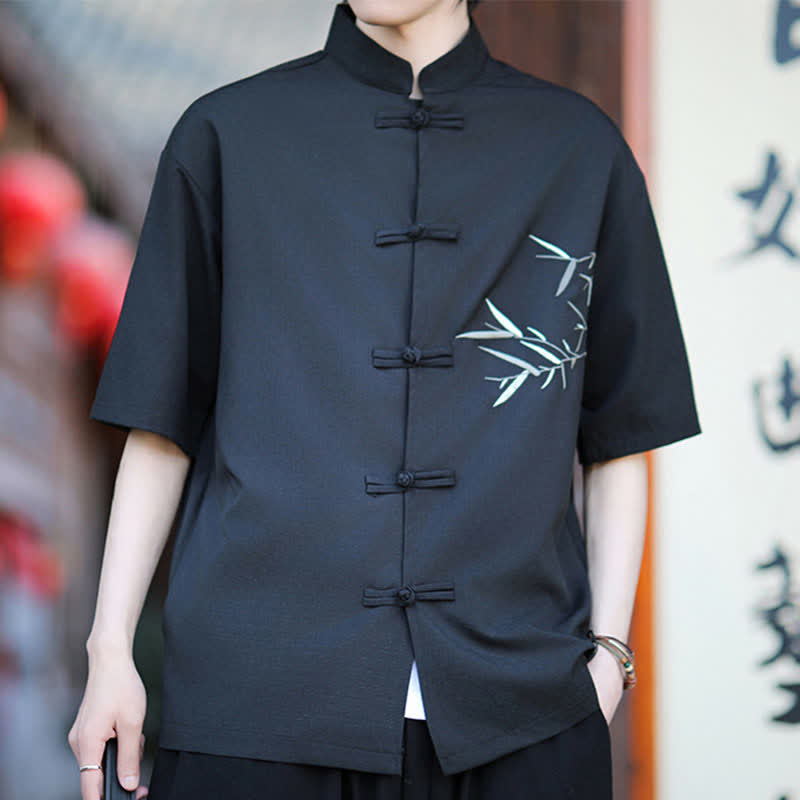Nimara Ritual Summer Tang Style Mandarin Collar Frog Button Bamboo Embroidery Men's Short Sleeve Shirts