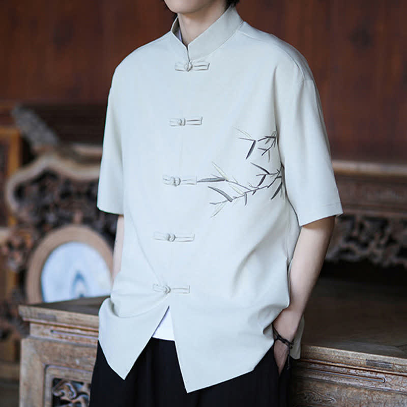 Nimara Ritual Summer Tang Style Mandarin Collar Frog Button Bamboo Embroidery Men's Short Sleeve Shirts