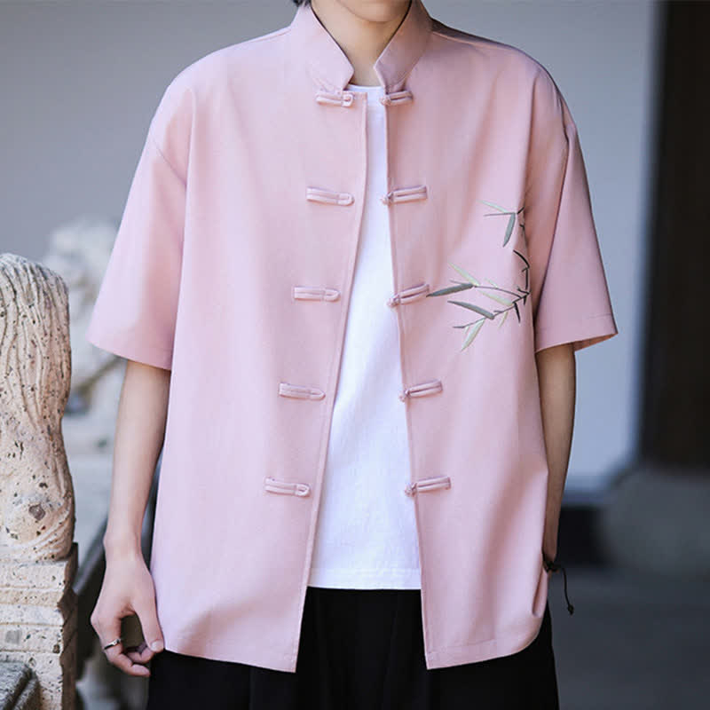 Nimara Ritual Summer Tang Style Mandarin Collar Frog Button Bamboo Embroidery Men's Short Sleeve Shirts