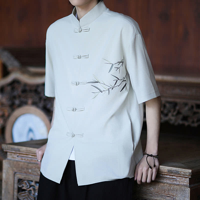 Nimara Ritual Summer Tang Style Mandarin Collar Frog Button Bamboo Embroidery Men's Short Sleeve Shirts