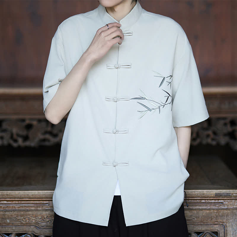 Nimara Ritual Summer Tang Style Mandarin Collar Frog Button Bamboo Embroidery Men's Short Sleeve Shirts