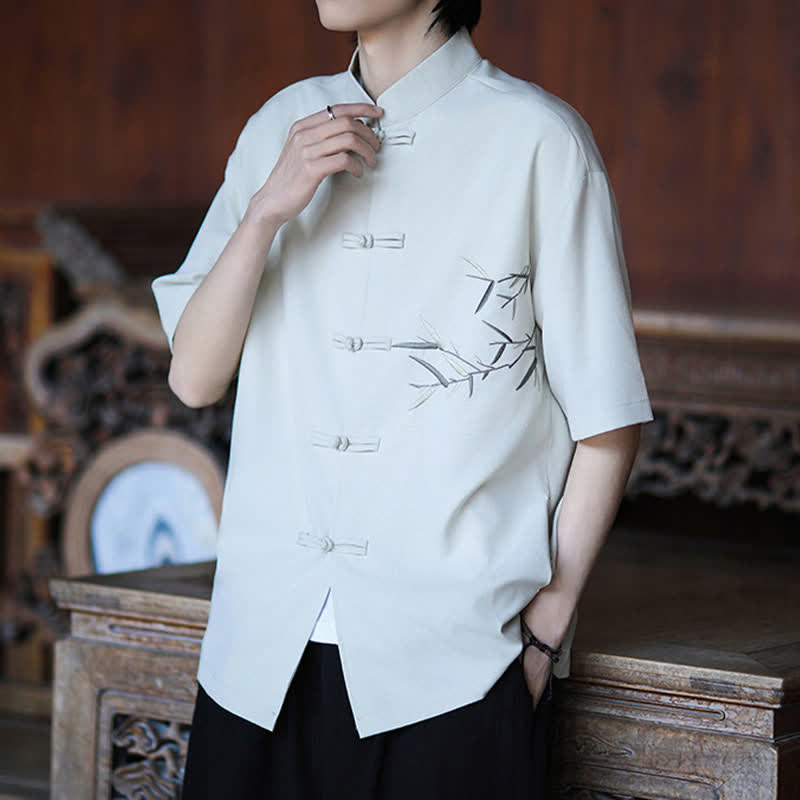 Nimara Ritual Summer Tang Style Mandarin Collar Frog Button Bamboo Embroidery Men's Short Sleeve Shirts