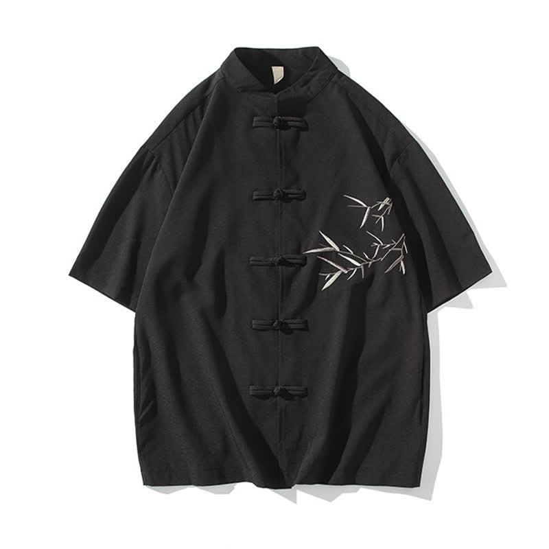 Nimara Ritual Summer Tang Style Mandarin Collar Frog Button Bamboo Embroidery Men's Short Sleeve Shirts