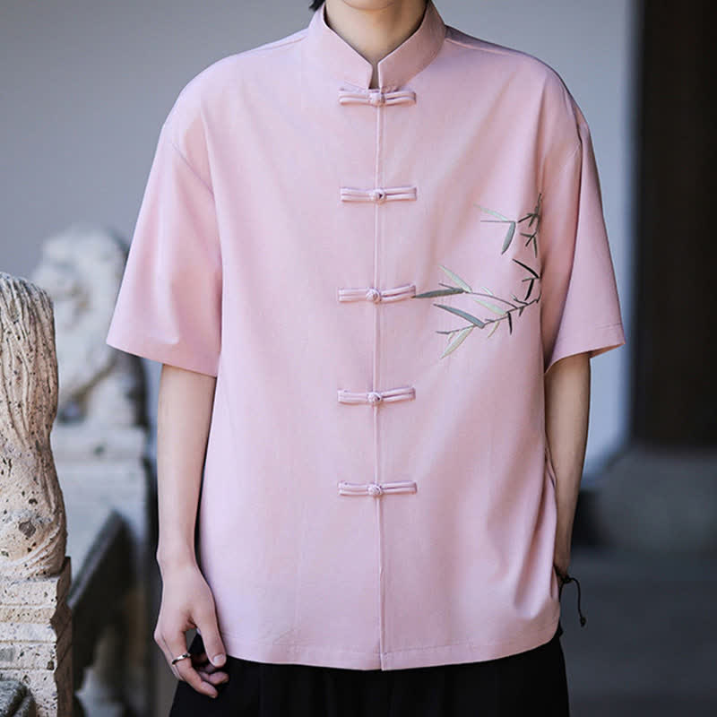 Nimara Ritual Summer Tang Style Mandarin Collar Frog Button Bamboo Embroidery Men's Short Sleeve Shirts