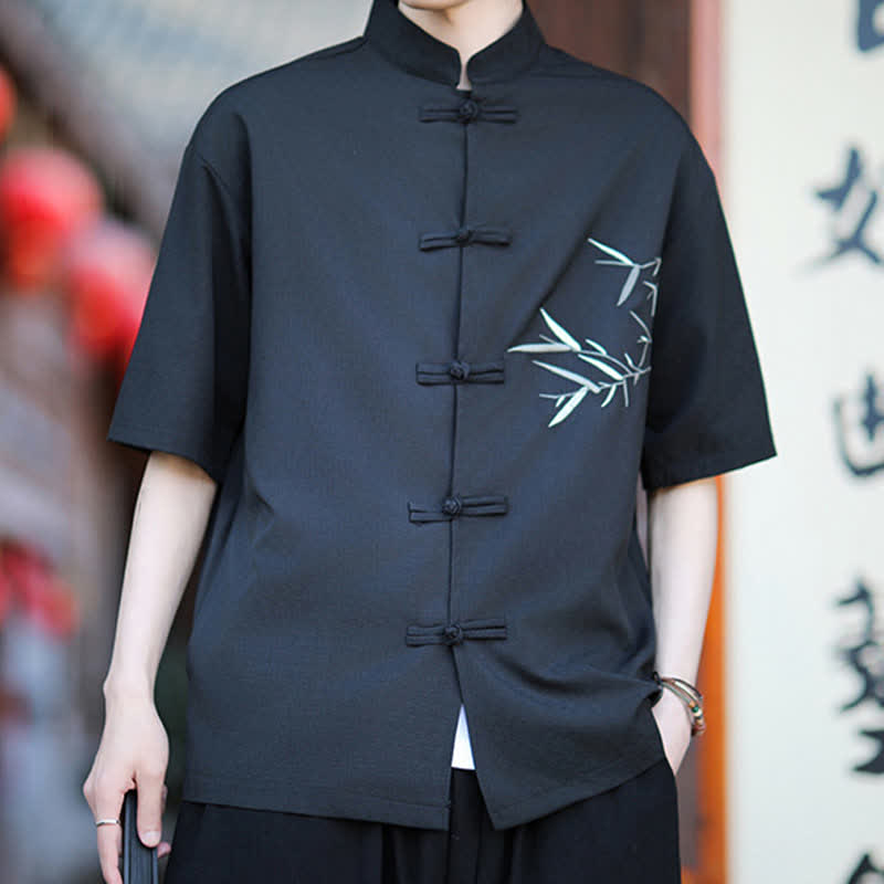 Nimara Ritual Summer Tang Style Mandarin Collar Frog Button Bamboo Embroidery Men's Short Sleeve Shirts