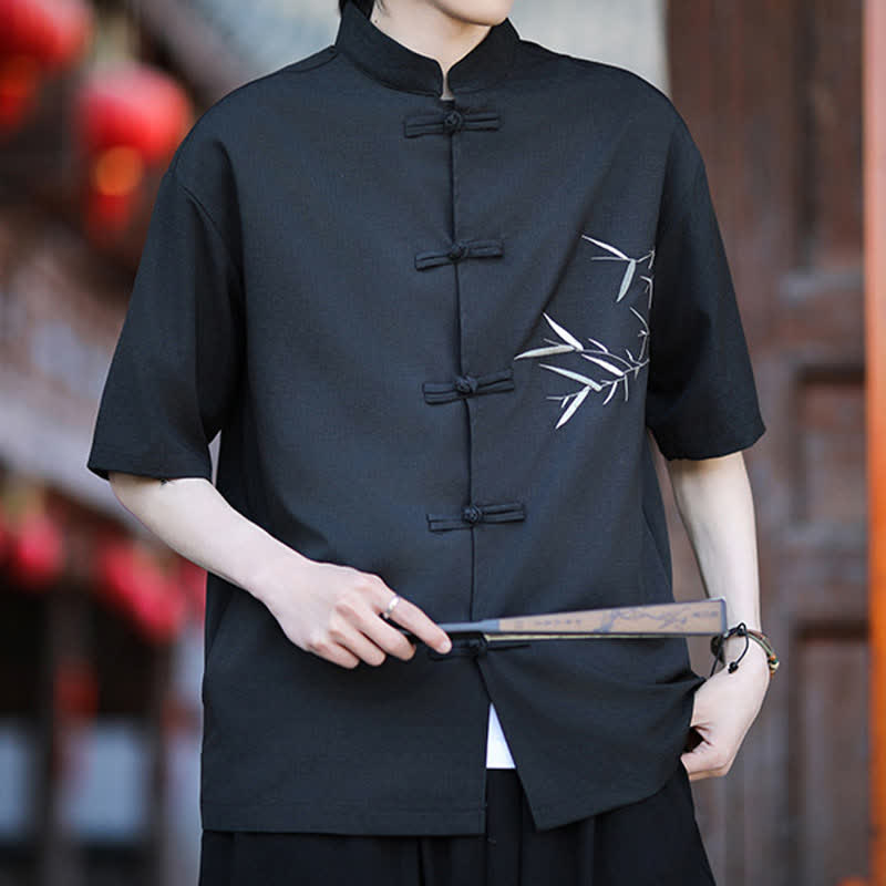 Nimara Ritual Summer Tang Style Mandarin Collar Frog Button Bamboo Embroidery Men's Short Sleeve Shirts