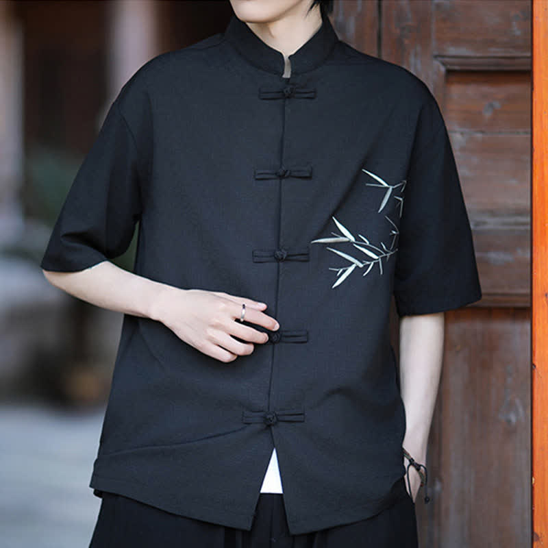 Nimara Ritual Summer Tang Style Mandarin Collar Frog Button Bamboo Embroidery Men's Short Sleeve Shirts