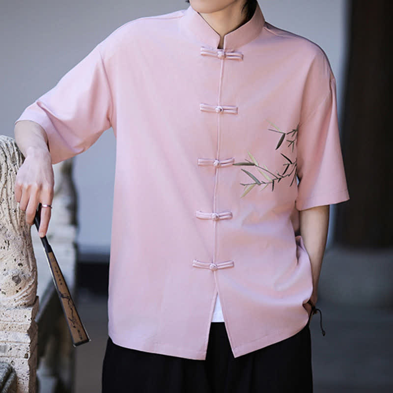 Nimara Ritual Summer Tang Style Mandarin Collar Frog Button Bamboo Embroidery Men's Short Sleeve Shirts