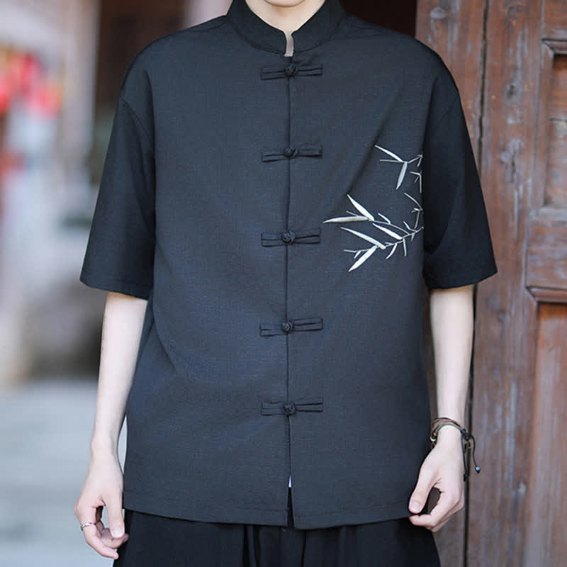 Nimara Ritual Summer Tang Style Mandarin Collar Frog Button Bamboo Embroidery Men's Short Sleeve Shirts