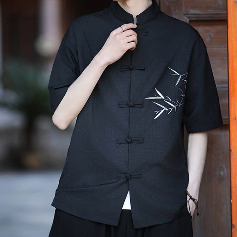Nimara Ritual Summer Tang Style Mandarin Collar Frog Button Bamboo Embroidery Men's Short Sleeve Shirts